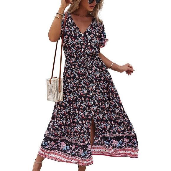 Unbranded Dresses & Skirts - ✨BOHO Floral Maxi Dress XL black pink blue Short sleeve Festival Beachwear